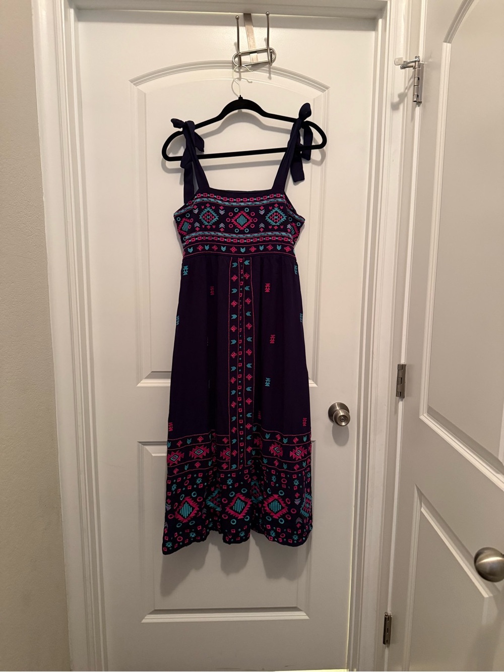 Savanna Jane Navy Midi Dress with Pink & Teal Embroidery